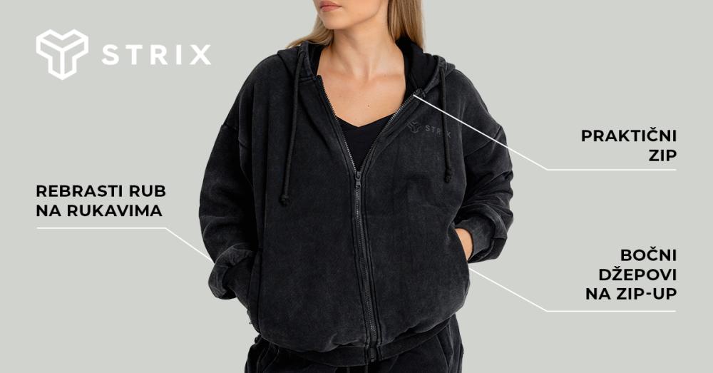 Ženska isprana majica s kapuljačom s patentnim zatvaračem crna - STRIX