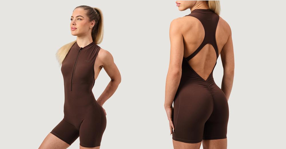 Women‘s NEO Zip-Up Jumpsuit Mocha - GymBeam